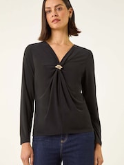Roman Black V-Neck Metal Trim Stretch Blouse - Image 4 of 5