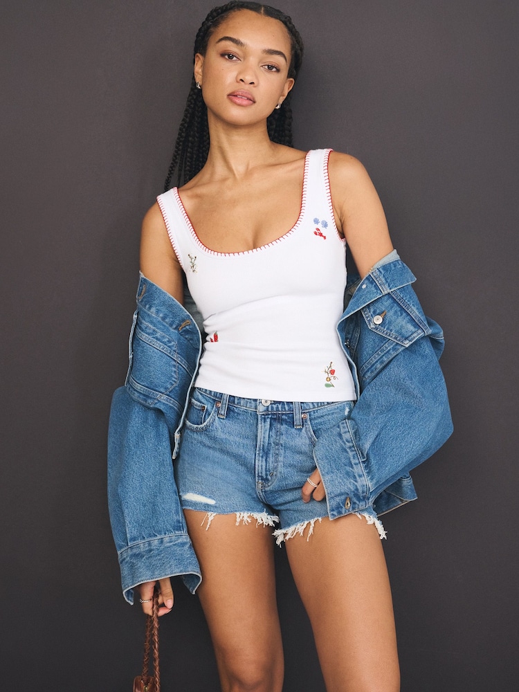 Abercrombie & Fitch White Icon Ribbed Scoop Neck Tank Top - Image 1 of 7 Abercrombie & Fitch White Icon Ribbed Scoop Neck Tank Top - Image 1 of 7