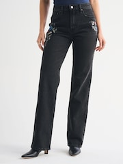 Abercrombie & Fitch Black High Rise 90's Relaxed Floral Embroidered Jeans - Image 1 of 7