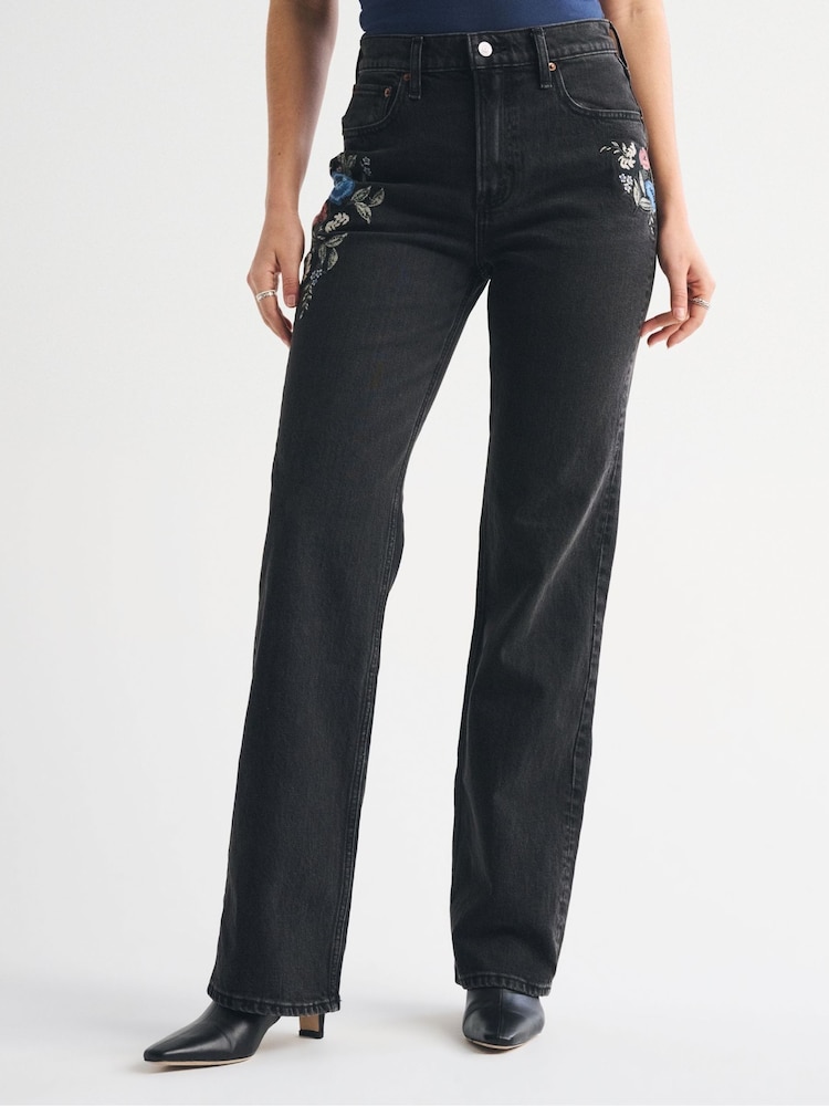 Abercrombie & Fitch Black High Rise 90's Relaxed Floral Embroidered Jeans - Image 1 of 7