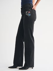 Abercrombie & Fitch Black High Rise 90's Relaxed Floral Embroidered Jeans - Image 3 of 7