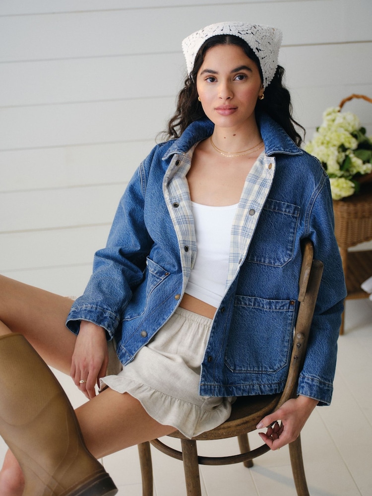 Abercrombie & Fitch Blue Reversible Denim Flannel Jacket - Image 1 of 12