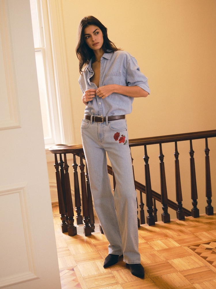 Abercrombie & Fitch Blue High Rise 90's Relaxed Floral Embroidered Jeans - Image 1 of 10