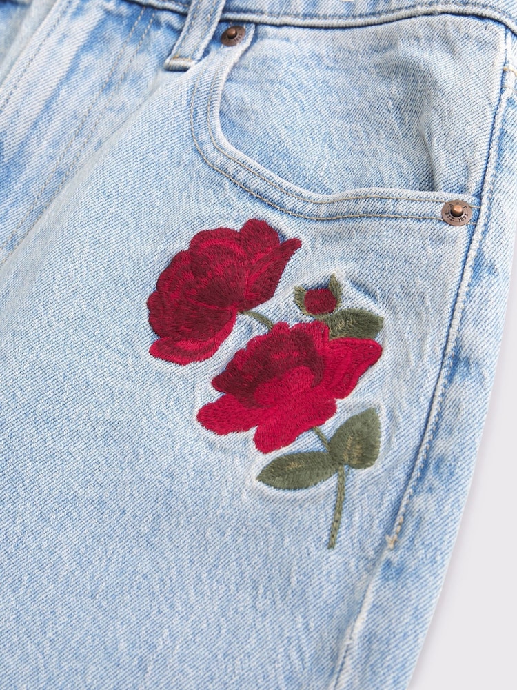 Abercrombie & Fitch Blue High Rise 90's Relaxed Floral Embroidered Jeans - Image 10 of 10