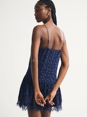 Abercrombie & Fitch Blue V-Neck Lace Ruffle Mini Dress - Image 4 of 6