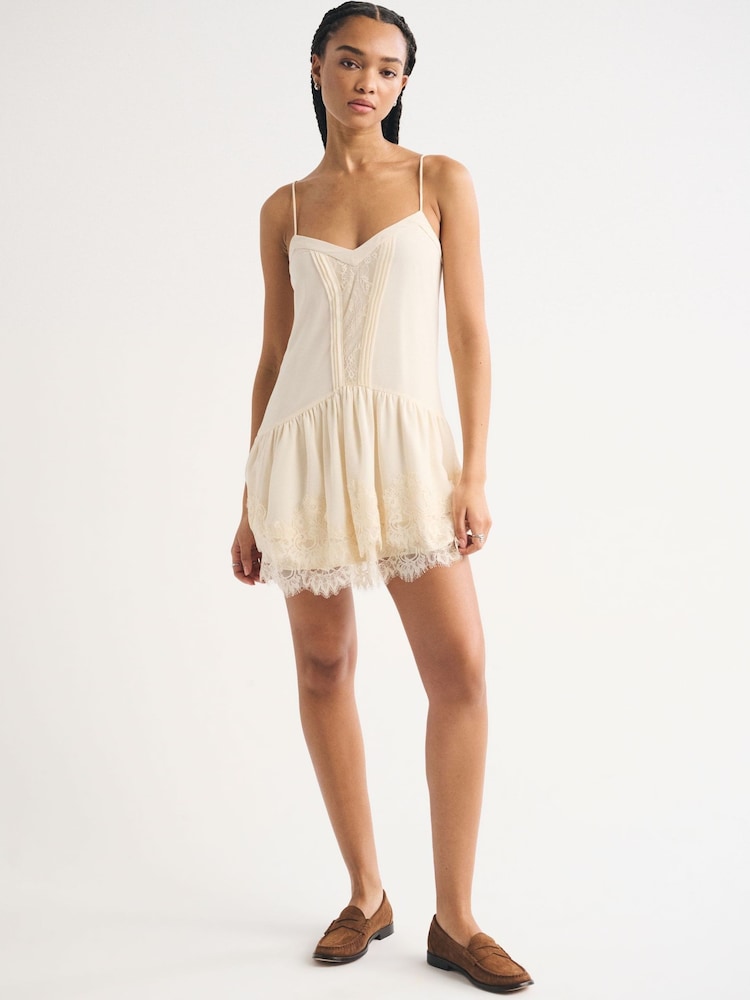 Abercrombie & Fitch Cream V-Neck Lace Ruffle Mini Dress - Image 1 of 5