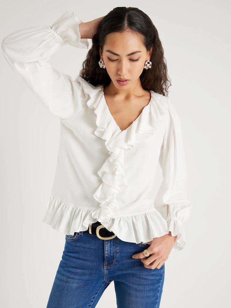 River Island Cream Long Sleeve V-Neck Ruffle Blouse - Image 1 of 6 River Island Cream Long Sleeve V-Neck Ruffle Blouse - Image 1 of 6