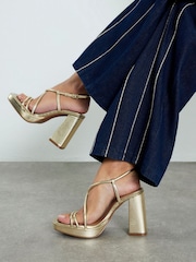 River Island Gold Strappy Heeled Platform Sandals - Image 1 of 6