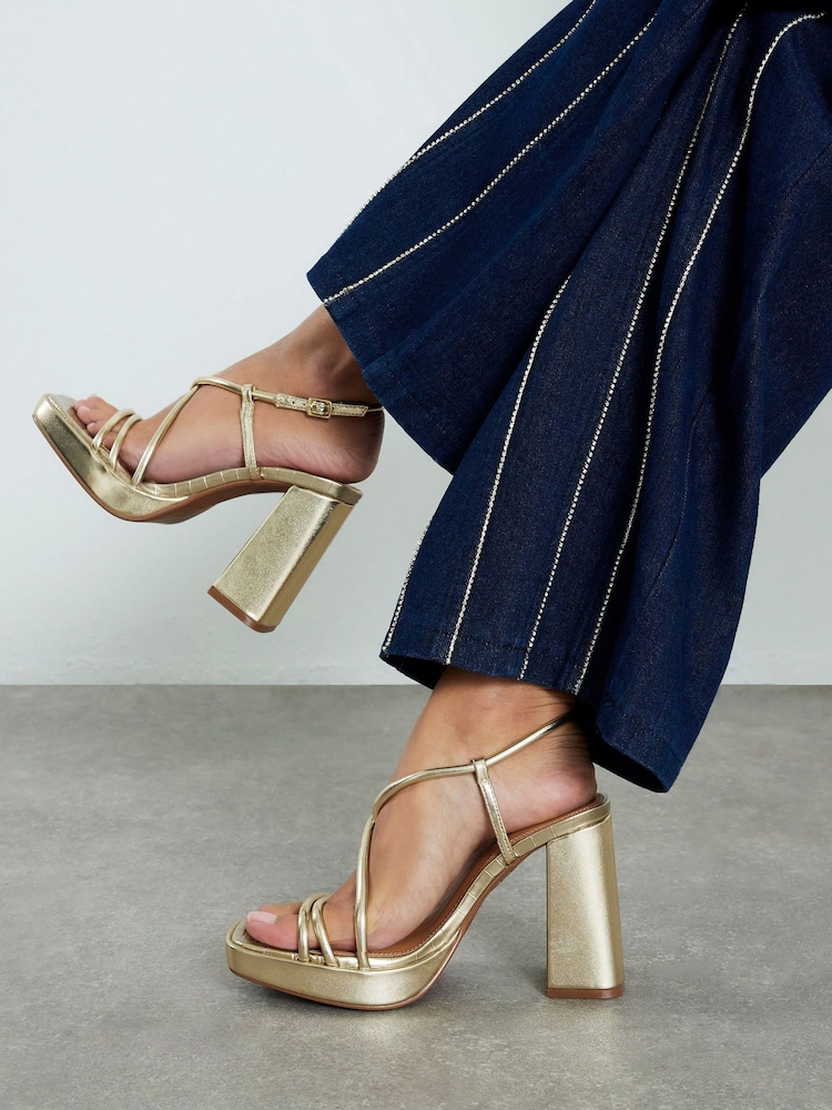 River Island Gold Strappy Heeled Platform Sandals - Image 1 of 6