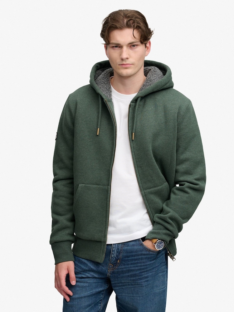 Superdry Green Borg Lined Zip Hoodie - Image 1 of 7 Superdry Green Borg Lined Zip Hoodie - Image 1 of 7