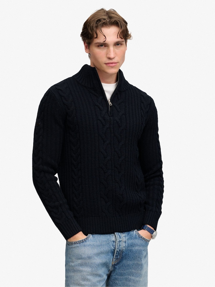 Superdry Blue Jacob Cable Half Zip Knit Jumper - Image 1 of 7