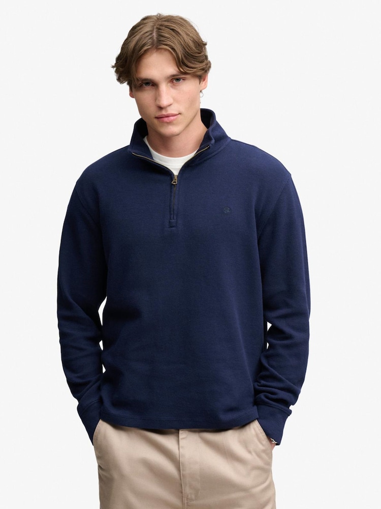 Superdry Blue Garment Dye Rib Half Zip Sweat Top - Image 1 of 5