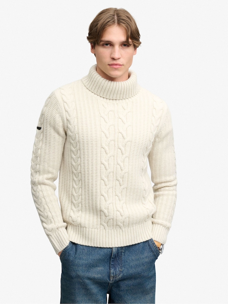 Superdry Cream Jacob Cable Roll Neck Jumper - Image 1 of 7