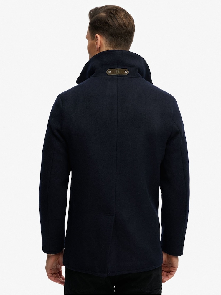 Superdry Blue Merchant Wool Blend Pea Coat - Image 2 of 8