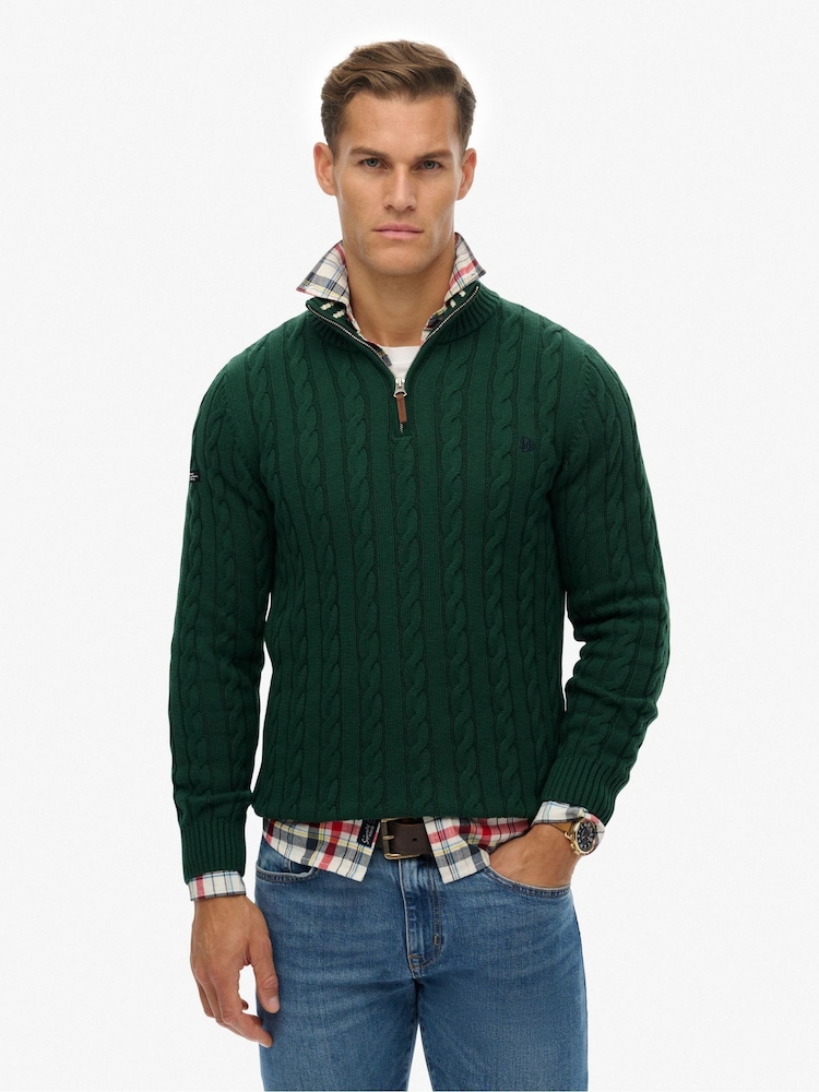 Superdry Dark Green Preppy Cotton Cable Half Zip Jumper - Image 1 of 7 Superdry Dark Green Preppy Cotton Cable Half Zip Jumper - Image 1 of 7