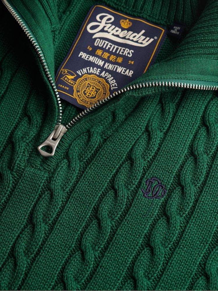 Superdry Dark Green Preppy Cotton Cable Half Zip Jumper - Image 7 of 7 Superdry Dark Green Preppy Cotton Cable Half Zip Jumper - Image 7 of 7