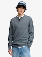 כחול  - Superdry Mini Slub Waffle Long Sleeve Grandad T-Shirt - תמונה 1 מתוך 7
