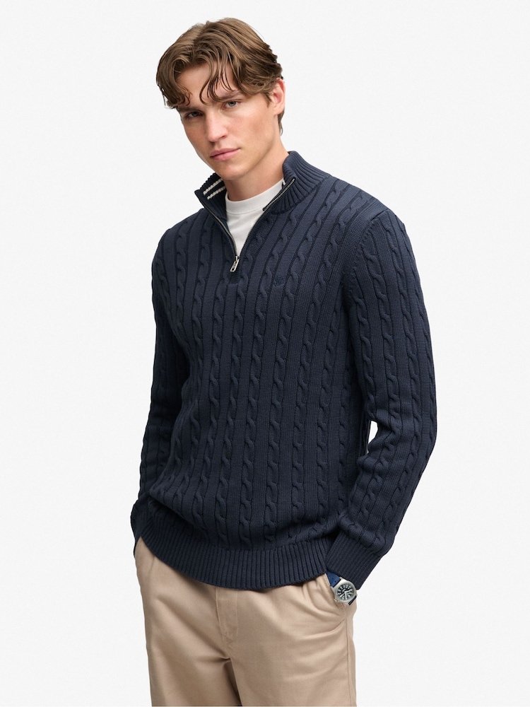 Superdry Blue Preppy Cotton Cable Half Zip Jumper - Image 1 of 8