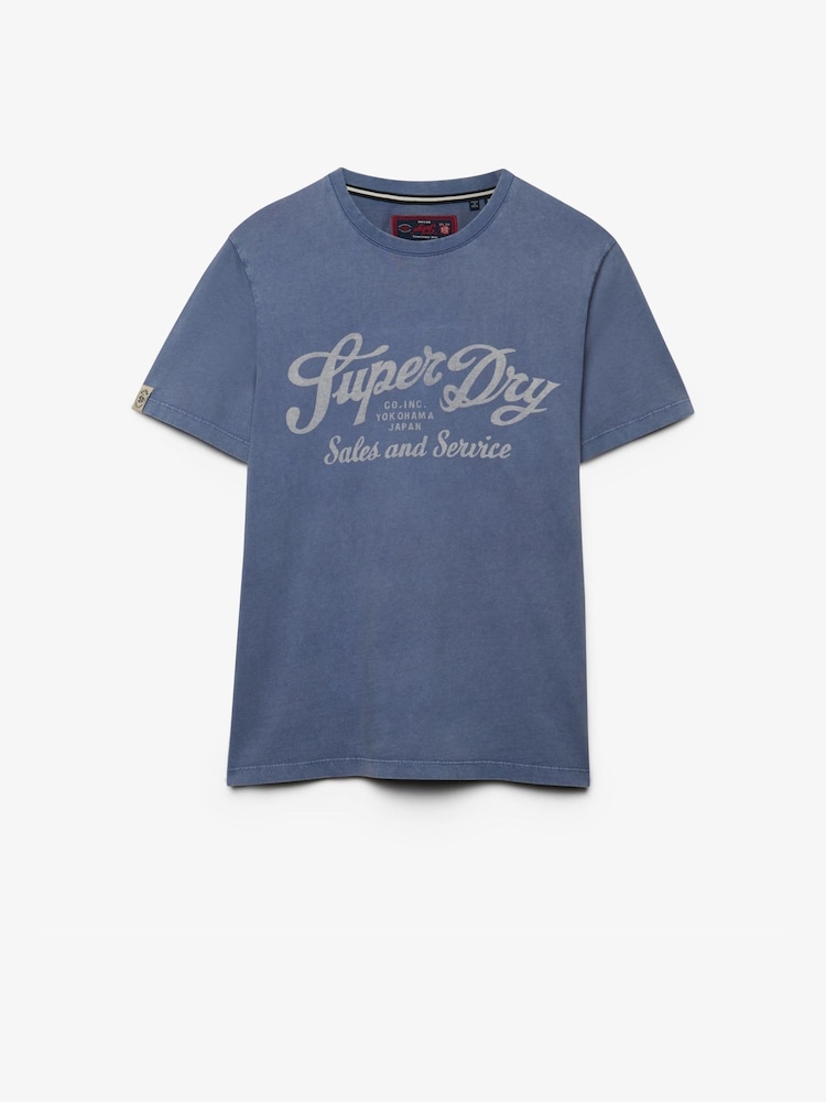 Superdry Blue Vintage Script T-Shirt - Image 1 of 2 Superdry Blue Vintage Script T-Shirt - Image 1 of 2