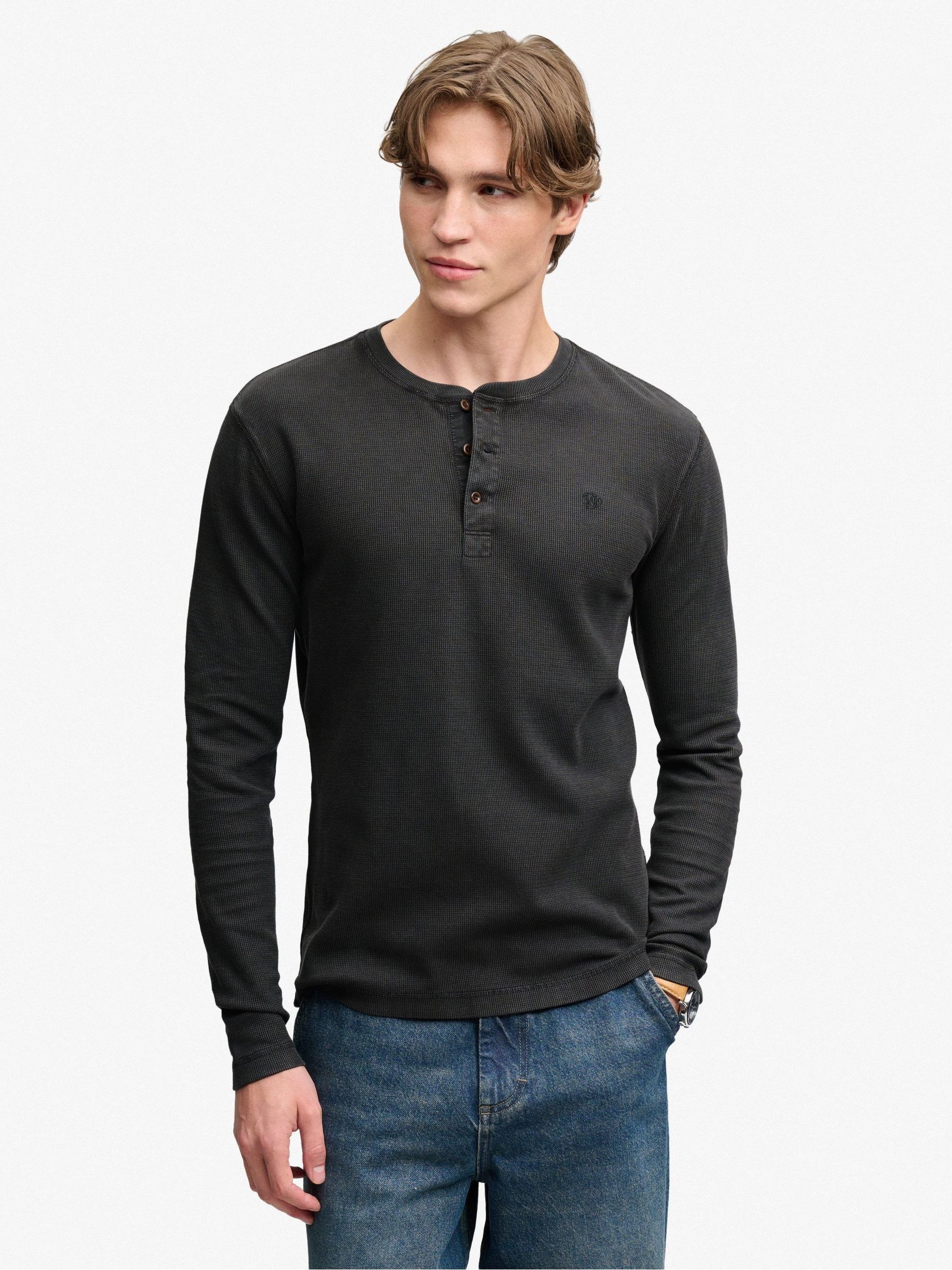 Superdry Mens Waffle Henley Relaxed Fit Long Sleeve T-Shirt, Black, Size 2Xl, Men - Image 3