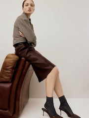 Mango Brown Leather Midi Skirt - Image 3 of 6