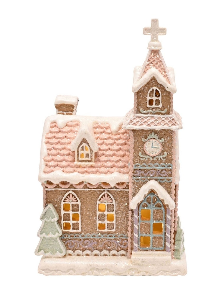 Widdop White Light Up Pastel Christmas Gingerbread Church - Image 3 of 3