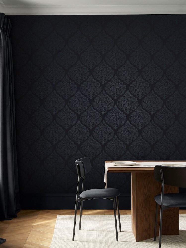 Graham & Brown Navy Woodland Fable Damask 10M Wallpaper - Image 1 of 3 Graham & Brown Navy Woodland Fable Damask 10M Wallpaper - Image 1 of 3