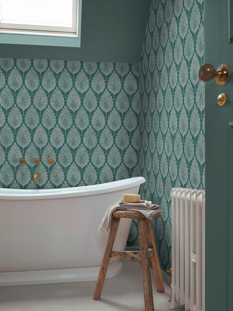 Graham & Brown Teal Flame Leaf 10M Wallpaper - Image 1 of 3