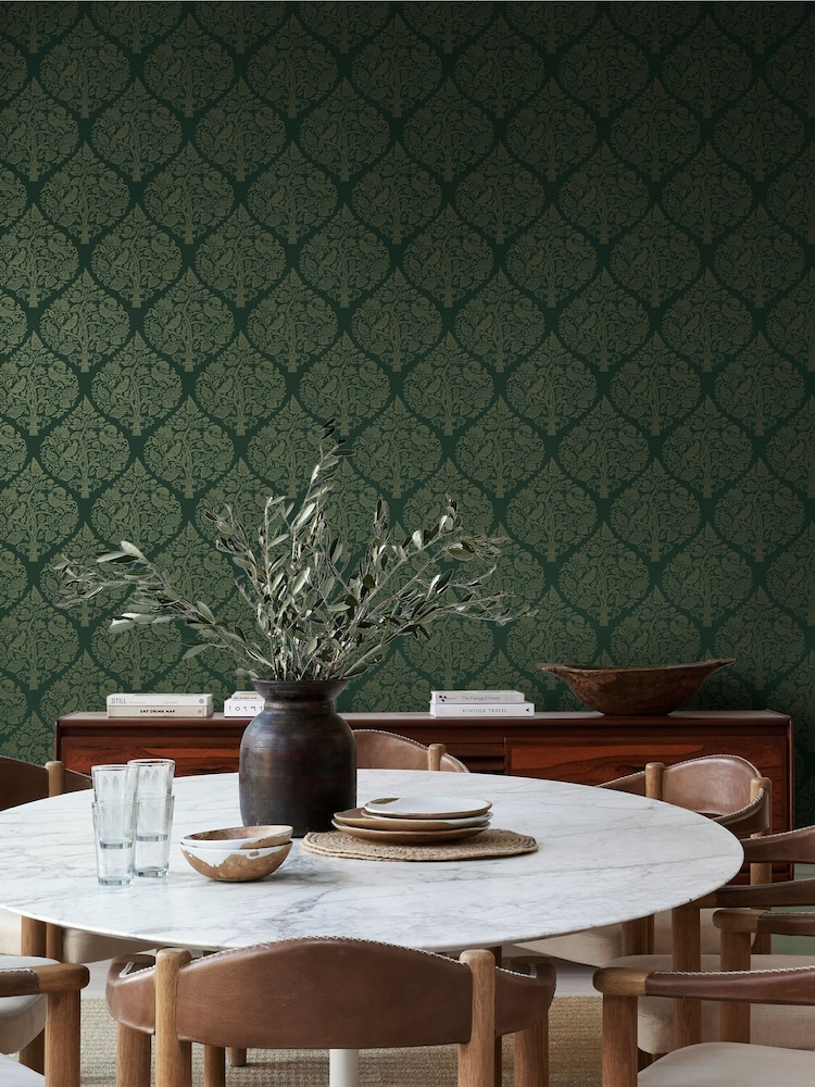Graham & Brown Emerald Woodland Fable Damask 10M Wallpaper - Image 1 of 3