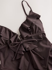Marron chocolat - Maillot de bain à volants plongeants - Image 10 de 12