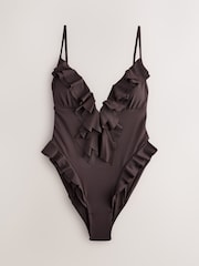 Marron chocolat - Maillot de bain à volants plongeants - Image 9 de 12