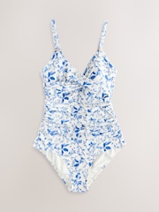 White/Blue Ditsy Shaping Tummy Control Swimsuit - Image 1 of 4