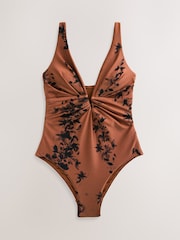 Brown Floral High Shine Plunge Tummy Control Swimsuit - Image 5 of 8