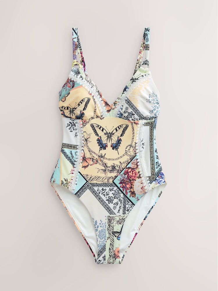 Khaki/Cream Plunge Swimsuit - Image 1 of 4 Khaki/Cream Plunge Swimsuit - Image 1 of 4