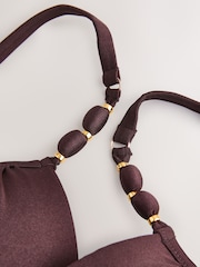 Chocolate Brown High Shine Padded Wired Beaded Strap Bikini Top - Image 6 of 7
