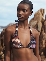 Brown/Navy Animal Print Triangle Bikini Top With Hardware - Image 1 of 7