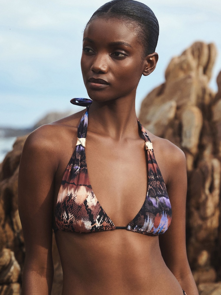Brown/Navy Animal Print Triangle Bikini Top With Hardware - Image 1 of 7 Brown/Navy Animal Print Triangle Bikini Top With Hardware - Image 1 of 7