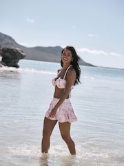 Cream/Pink Floral Swim Skirt Bikini Bottoms - Image 2 of 9