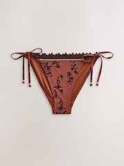 Brown Floral Beaded Crochet Tie Side Bikini Bottoms - Image 1 of 3