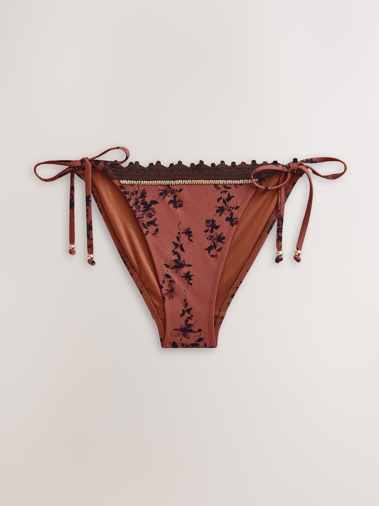 Brown Floral Beaded Crochet Tie Side Bikini Bottoms - Image 1 of 3 Brown Floral Beaded Crochet Tie Side Bikini Bottoms - Image 1 of 3