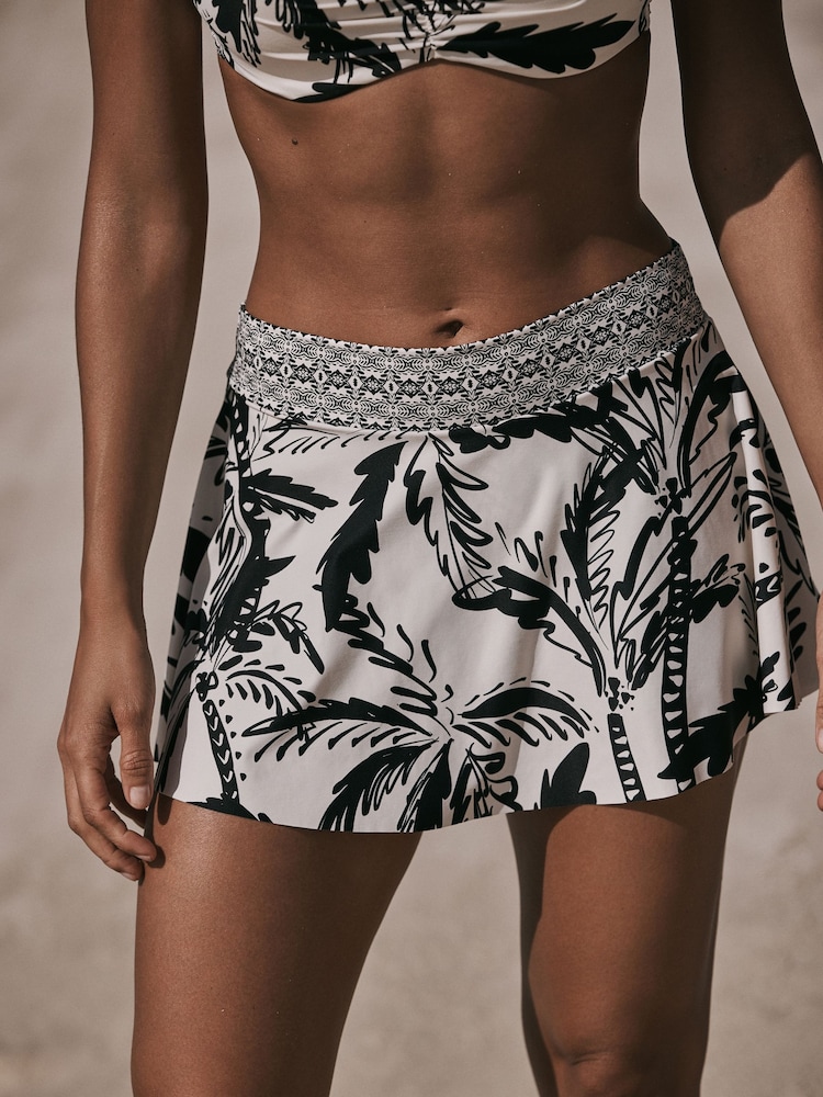 Black/Cream Palm Swim Skirt Bikini Bottoms - Image 1 of 5