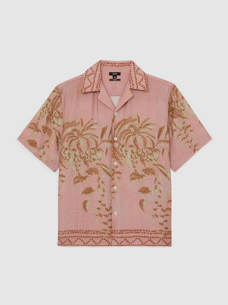 Reiss Pink Camino Palm-Print Cuban-Collar Shirt - Image 2 of 7 Reiss Pink Camino Palm-Print Cuban-Collar Shirt - Image 2 of 7