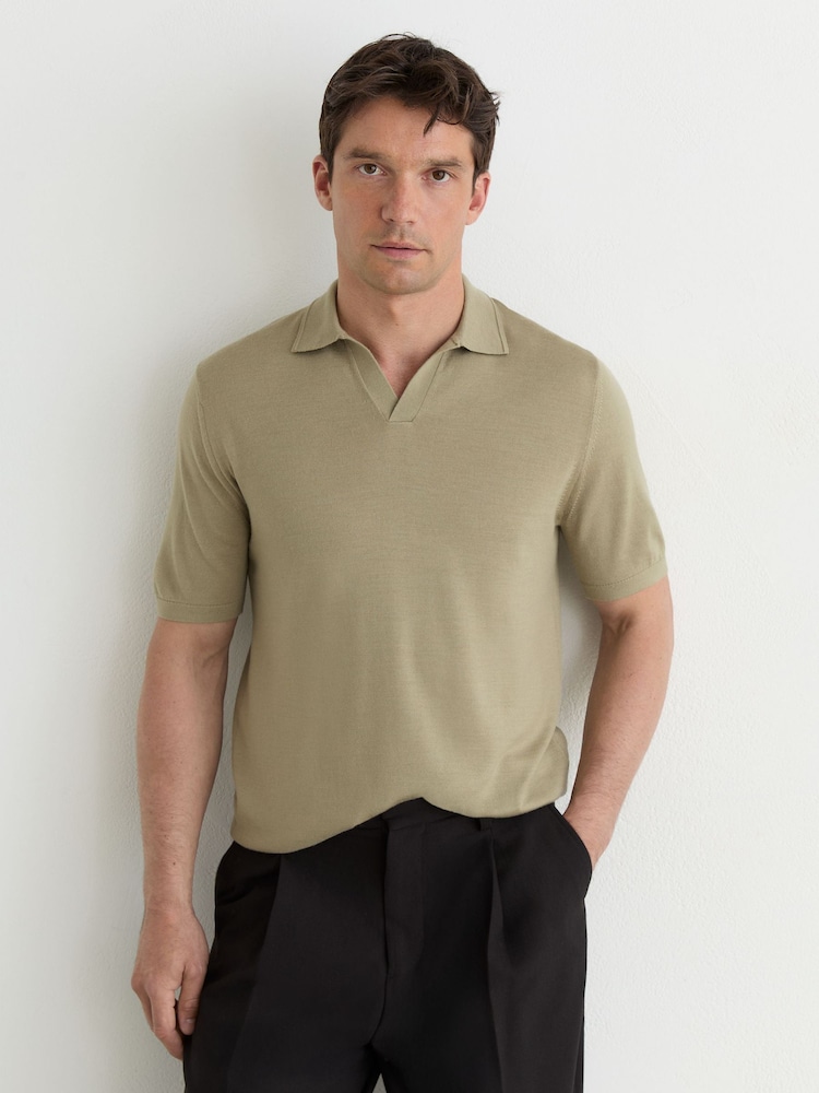 Reiss Soft Olive Green Duchie Merino Wool Open-Collar Polo Shirt - Image 1 of 5