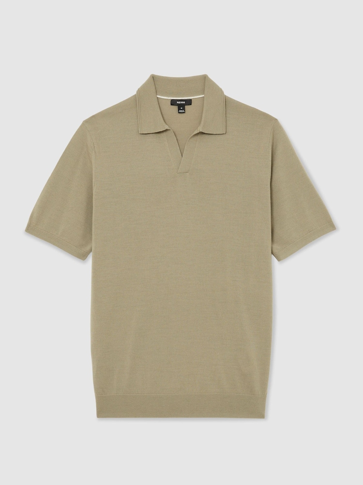 Reiss Soft Olive Green Duchie Merino Wool Open-Collar Polo Shirt - Image 2 of 5