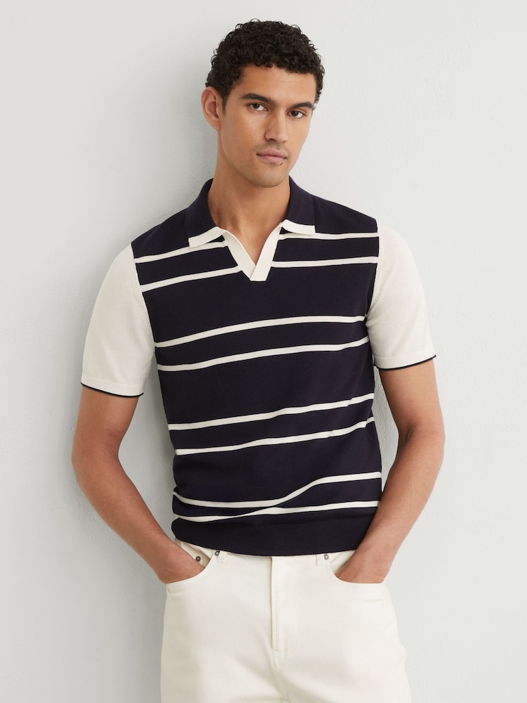 Azul marino/blanco - Reiss Miles Suéter polo de punto a rayas de lana merino - Imagen 1 de 6