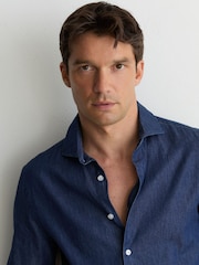 Reiss Dark Blue Wash Don Chambray Long-Sleeve Slim-Fit Shirt - Image 1 of 7