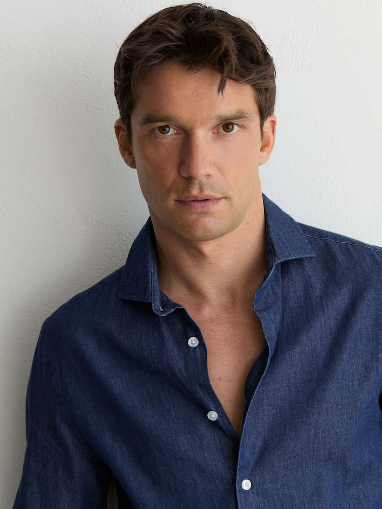 Reiss Dark Blue Wash Don Chambray Long-Sleeve Slim-Fit Shirt - Image 1 of 7