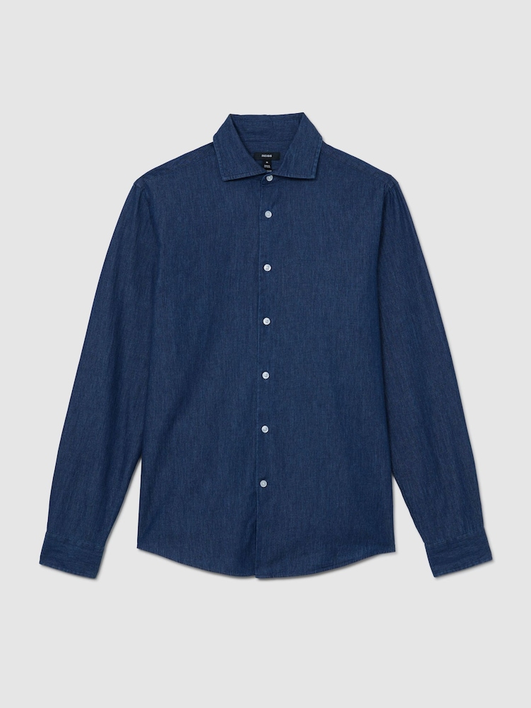Reiss Dark Blue Wash Don Chambray Long-Sleeve Slim-Fit Shirt - Image 2 of 7