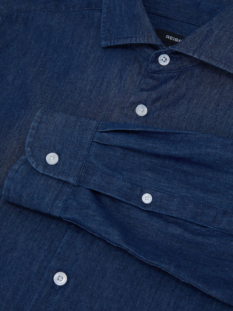 Reiss Dark Blue Wash Don Chambray Long-Sleeve Slim-Fit Shirt - Image 7 of 7