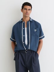 Reiss Blue Yamal Linen Embroidered Cuban-Collar Shirt - Image 1 of 6